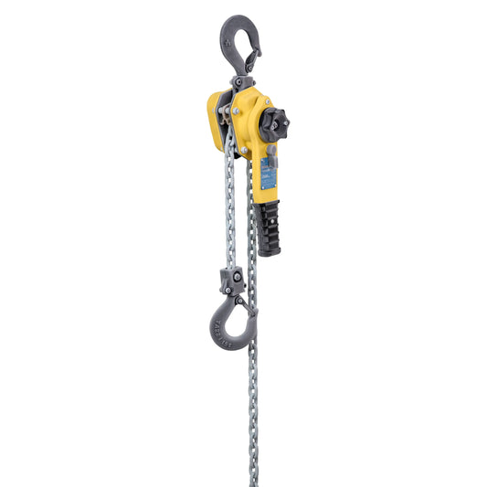 Yellow hand chain block hoist on a white background