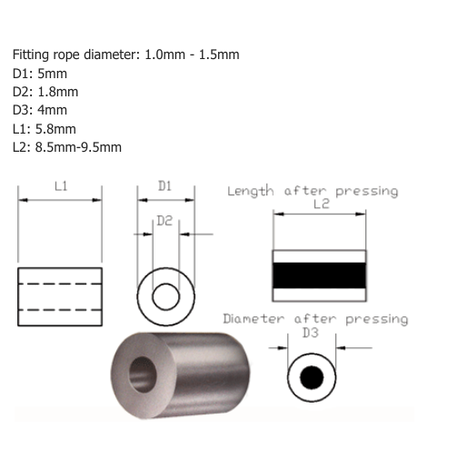 Technical drawing of a code 1.5 TALURIT aluminium stop ferrule with measurements and dimensions showing different angles of ferrule with product photo on white background.