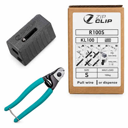 Zipclip R100S KL100 wire puller tool with teal handles, shown next to its brown cardboard packaging box on a white background.