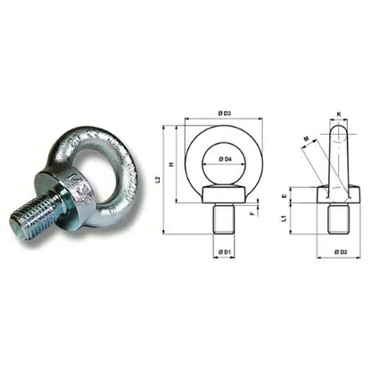 Metallic Lifting eyebolt with dimensional drawing on a white background TECNI ZINC PLATED DIN 580 Eyebolts 160.053.