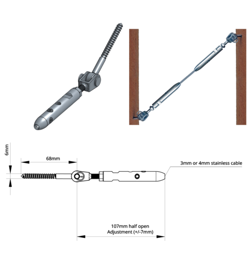 LH TECNI® Standard Balustrade Angled Runs into Wood or Masonry 3-4mm Cable - 160.140.001