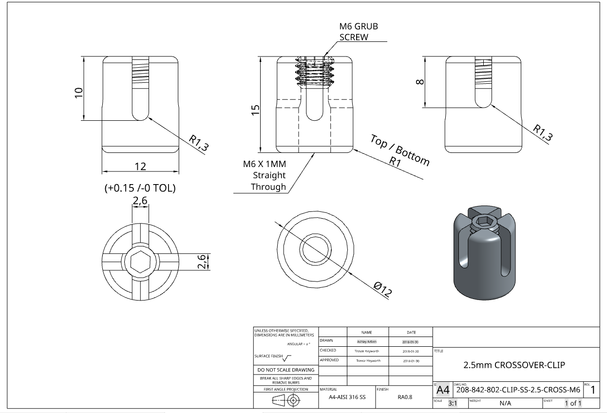 Technical drawing of a 2.5mm crossover clip with dimensions and specifications.