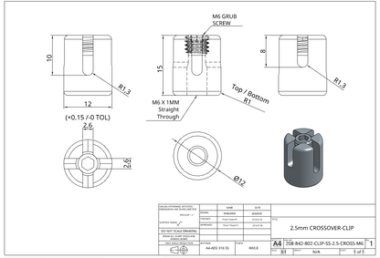 Technical drawing of a 2.5mm crossover clip with dimensions and specifications.