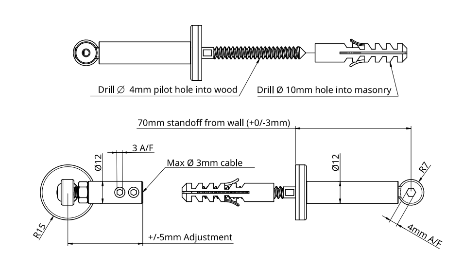 TECNI Mini-Pro SE-70 Cable Trellis Eye Fitting with Tensioner c/w Concrete Anchor - 208.085.070