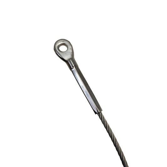 A TECNI  stainless steel cable  with a standard swage eye end and a smooth straight section, shown diagonally on a plain white background.