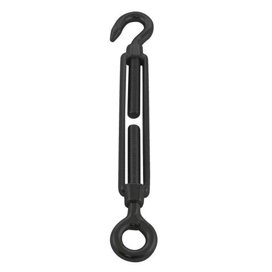 TECNI Black stainless steel turnbuckle Hook and eye on a white background. Used for tensioning cable systems. - 228.246.406 