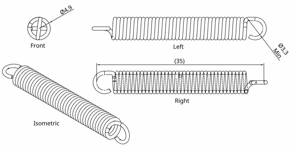 Technical drawing of 288.821.526 4.9mm Stainless Extension Spring with measurements and views labeled