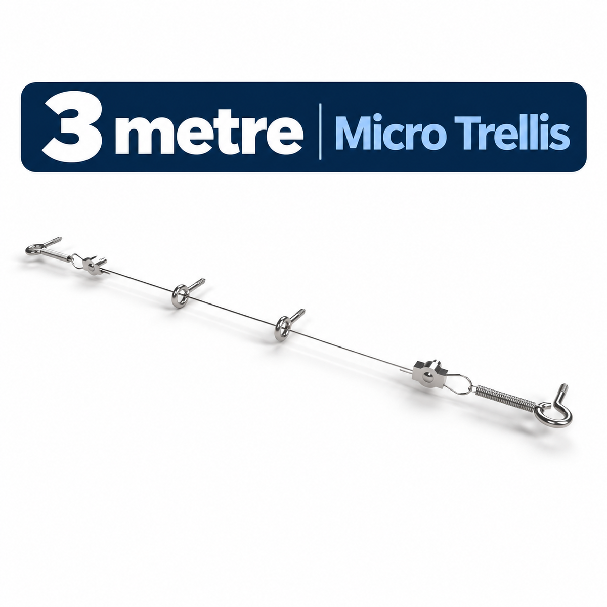 Photo of a trellis assembly on white background detailing the length of the entire assembly and showing the different components used. 