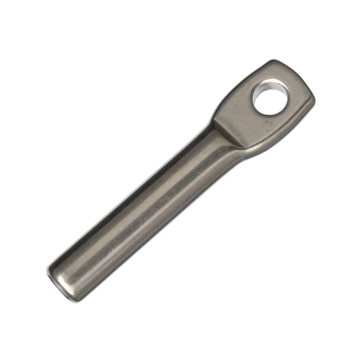 A photo of a singular 3mm Stainless steel mini eye terminal with a flat spade end on a white background. 