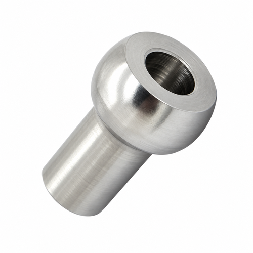 Photo of a singular stainless steel ball shank terminal on a white background. 
