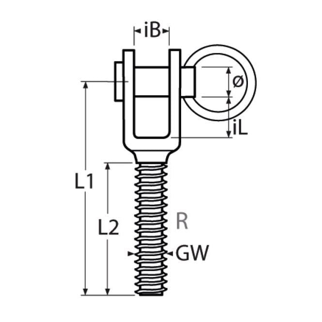 Technical drawing of a threaded jaw with labeled dimensions on a white background