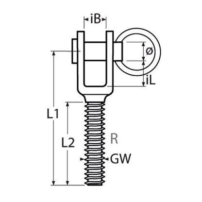 Technical drawing of a threaded jaw with labeled dimensions on a white background