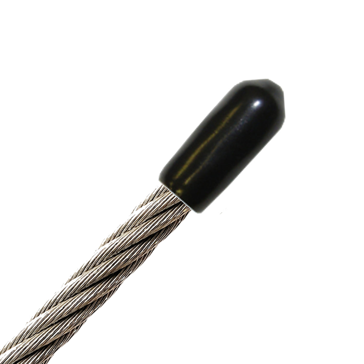 Photo of a PVC material end cap on a stainless steel cable
