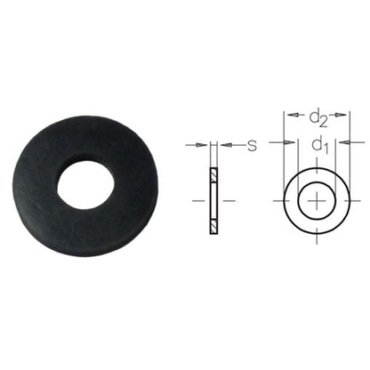 Photo of a singular black washer next to the technical drawing with the dimensions on a white background