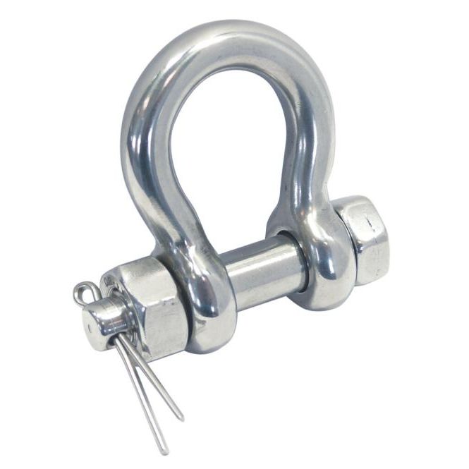 Photo of a singular bow shackle with the pin in on white background, bow shackle made from stainless steel material. 