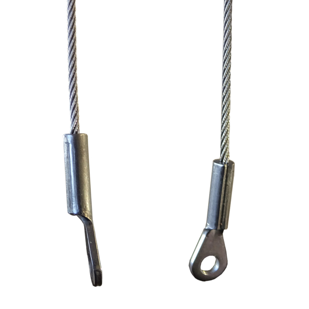 Photo of two cables which have stainless steel eye terminals on the bottom attached on a white background. 