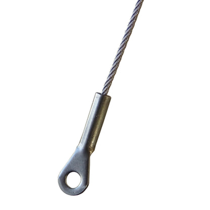 Photo of a cable which has a stainless steel eye terminal attached to the end on a white background. 
