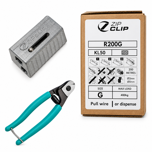 100 Zip-Clip KL50 Kwik-Loc Cable Grips and 200m of Cable to Suit, SWL of 10kg with with FREE CUTTERS