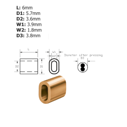 Photo of a code 1.5 copper ferrule from TALURIT under three technical drawings showing different angles and dimension information under measurements on a white background. 