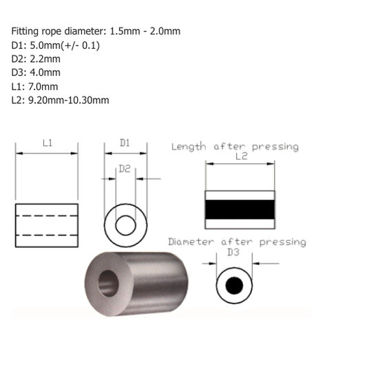 Technical drawing of a TALURIT code 3 aluminium stop ferrule with dimensions and measurements showing different angles with product photo on white background.