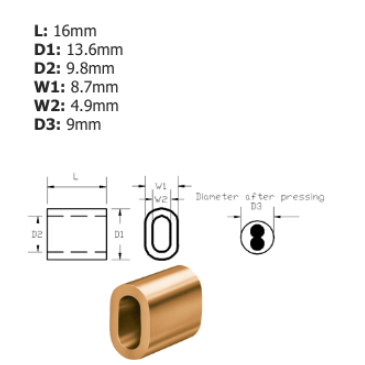 Product photo of a copper ferrule from TALURIT sizing code 4.5 with technical drawings showing different angles and dimensional information. With measurements explained above drawings on a white background. 