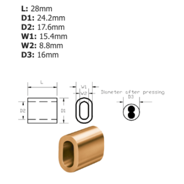 Photo of a copper ferrule from TALURIT sizing code 8 under technical drawings showing dimensions and different angles, with measurements explained above on a white background. 