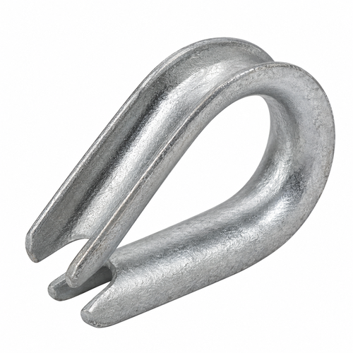 Photo of a singular crosby stainless steel thimble on a white background. 