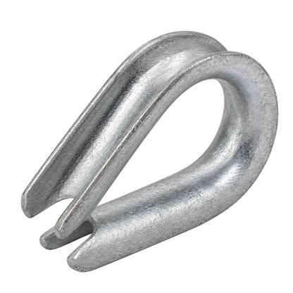 Photo of a singular crosby stainless steel thimble on a white background. 