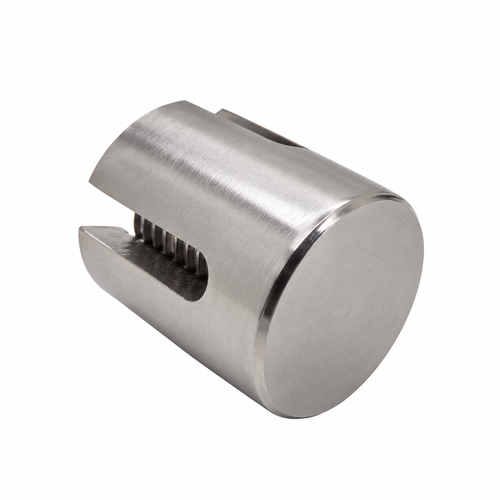 Photo showing the end of TECNI stainless steel crossover clip showing the original indentations and the smooth face on a white background. 