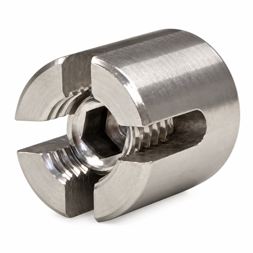 Close up photo of a stainless steel crossover clip from TECNI showing the internal and external threading components on a white background. 