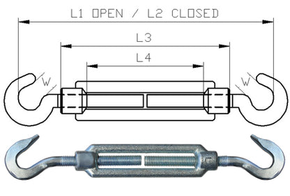 M8 Galvanised Hook & Hook Turnbuckle to DIN1480 - 166.055.008