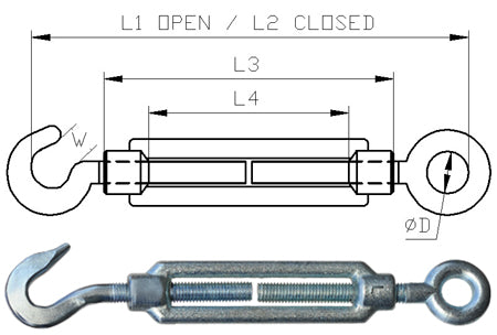 M10 Galvanised Hook & Eye Turnbuckle to DIN1480 - 166.051.010