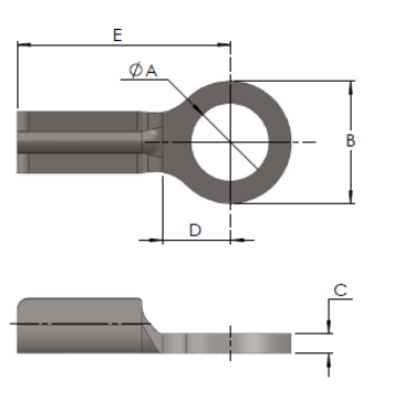 Technical drawing of a metal eye terminal with dimensions labeled