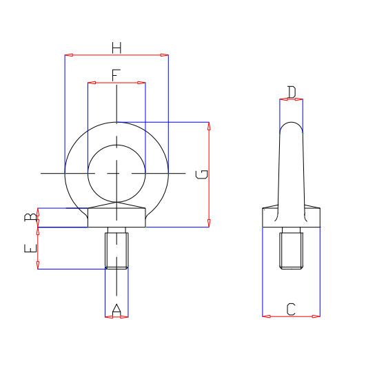 Technical drawing of an eyebolt with dimensions labeled