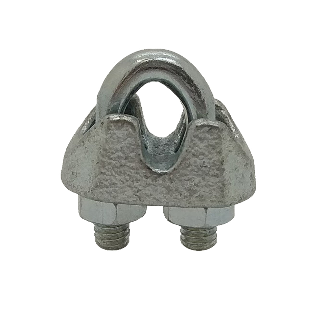 Photo of a singular galvanised wire rope grip on white background 