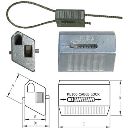 Three different photos of KwikLoc KL100 on white background including technical drawings with dimensions.
