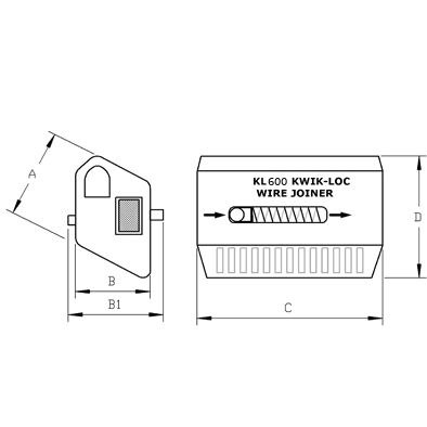 Technical Drawing of KwikLoc KL600 with dimensions on white background. 
