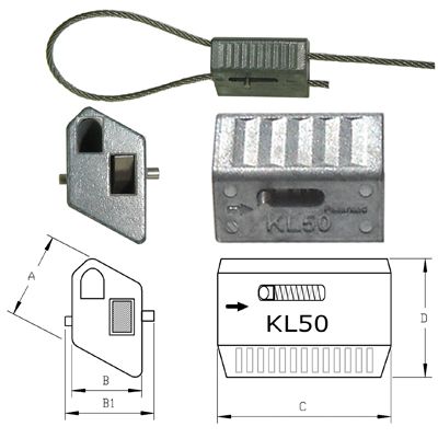 Multiple photos of different angles of KwikLoc KL50 with technical drawings detailing dimensions on a white background. 