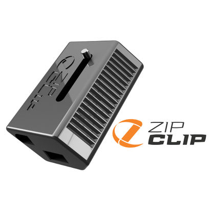 Photo of a black Kwik Loc showing Zip Clip branding next to the product on a white background. 