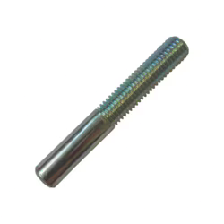 Photo of a singular M10 stud fitting on white background highlighting the details of the threading, stainless steel.