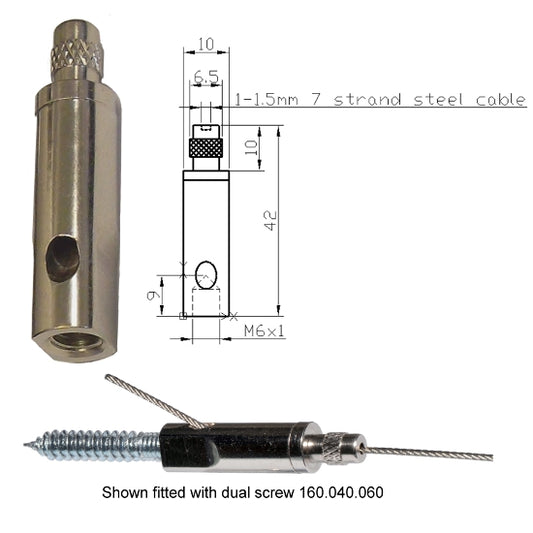 Technical drawing of M6 female threaded glider gripper with photo of product on white background. 