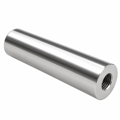 High definition photo of a singular TECNI trellis pillar M6 showing the internal threading and the smooth outside on a white background. 