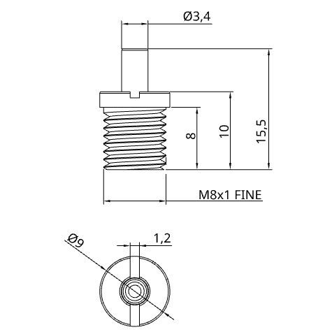 Technical drawing of an M8 fine thread gripper TG1.2 on white background also showing dimensions. 