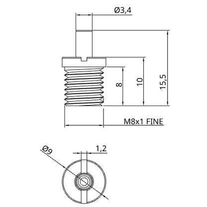 Technical drawing of an M8 fine thread gripper TG1.2 on white background also showing dimensions. 