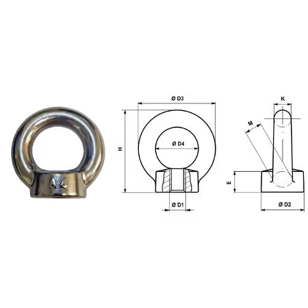 Metallic Eyenute on a white background with dimensional drawings. TECNI  106.051.