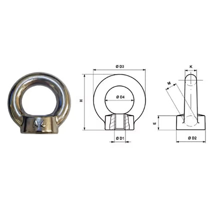 Metallic Eyenute on a white background with dimensional drawings. TECNI  106.051.