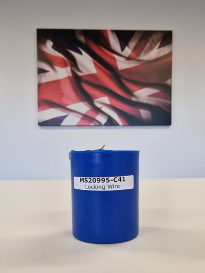 Photo of stainless steel locking wire, MS20995-C41 in a tub. On its own on white table. 