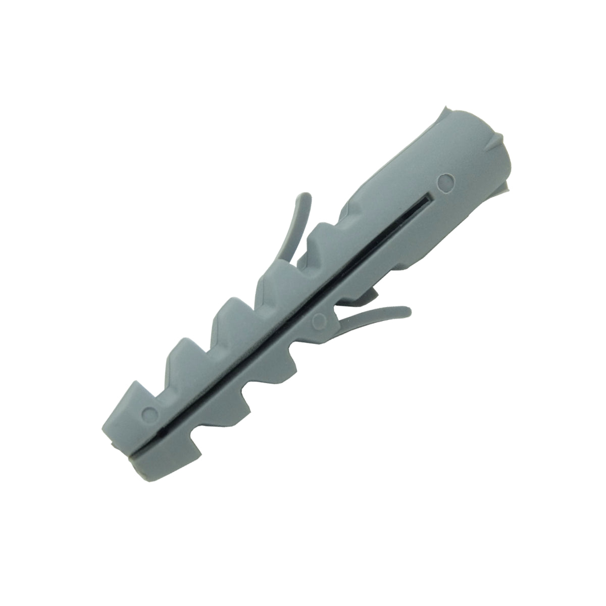 Photo of a singular nylon wall plug on a white background showing different sides of a wall plug. 