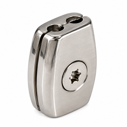 Photo of a singular stainless steel cable clamp on white background. 