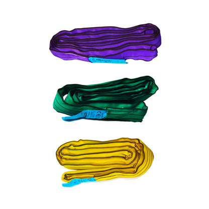 Photo of three different ponsaslings on white background, purple, green and yellow slings.